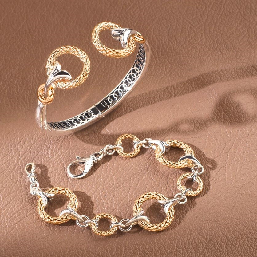 New cuff bracelet and link bracelet in two tone sterling silver and 18K Rose Gold Vermeil